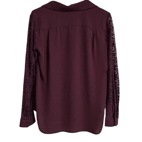 Loft Burgundy Plum Dressy Long Sleeve Lace Blouse Button Down Top Shirt XS - Picture 7 of 10